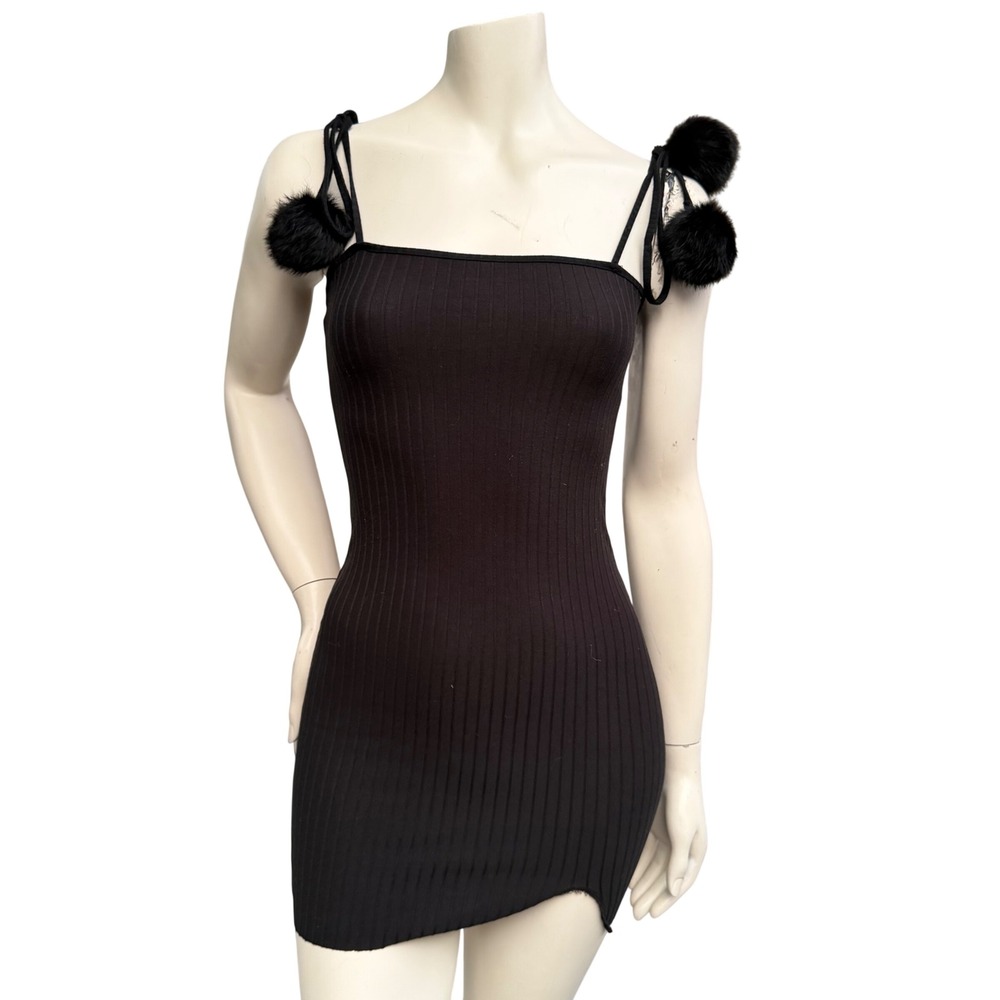 Brandy Melville Black Mini Dress Pom Pom Ribbed Knit Coquette Y2K Black OS